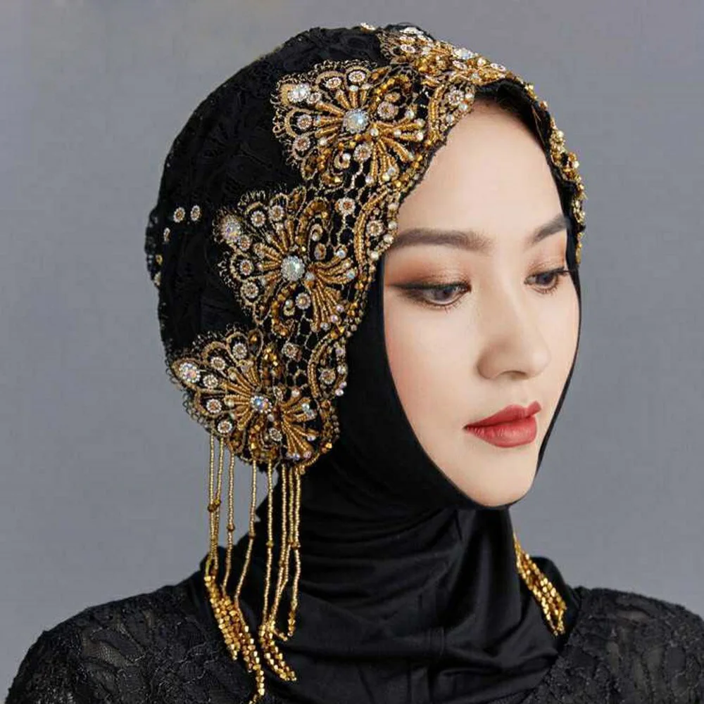 Women's New Muslim Beads Lace Hot Diamond Hat Dubai Turkey India Abaya Arab Islamic Women Morocco Kaftan Hoodie Hat