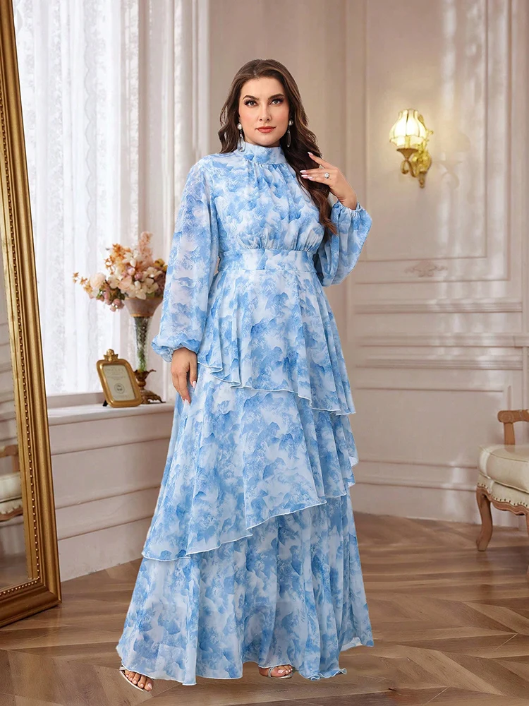 Женское платье с принтом воротником-стойкой и рукавами-фонариками