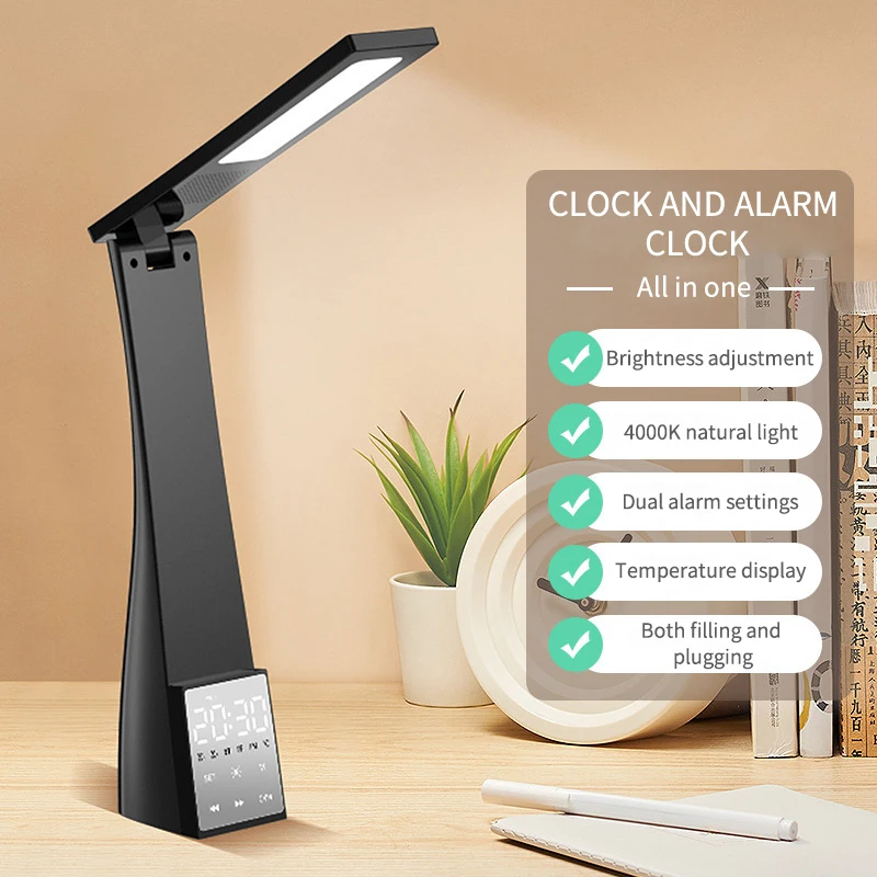 

Led Desk Lamp with Alarm Clock 3 Color Temperature Stepless Dimming USB Charging Night Light Eye-Protection Reading Table Lamps