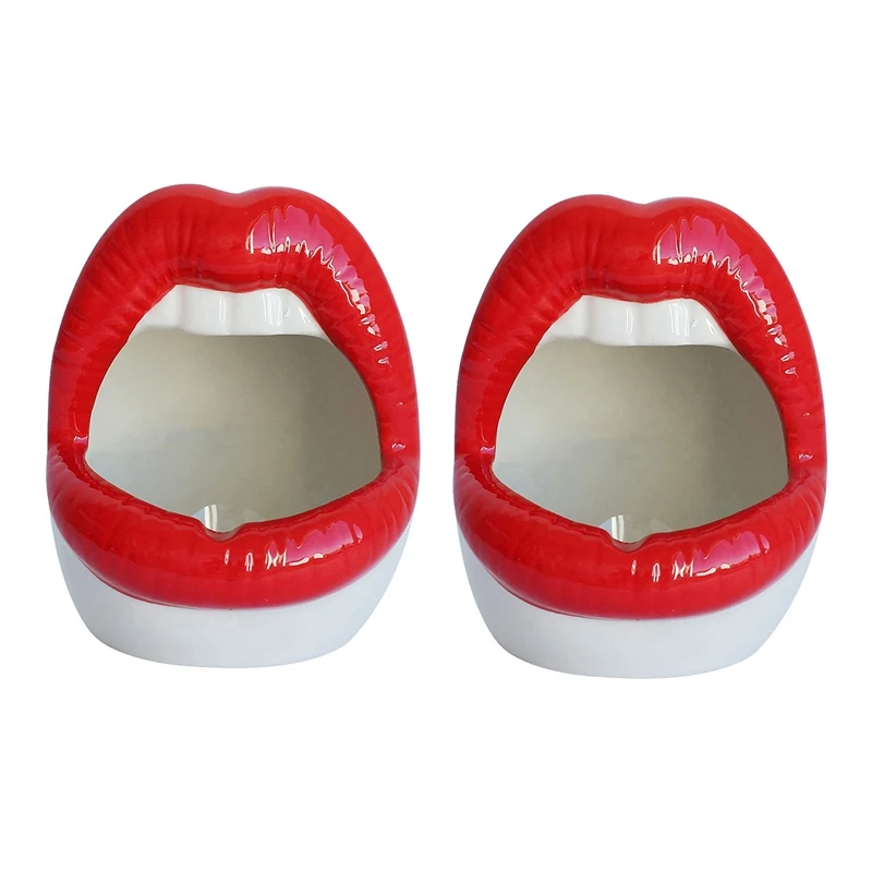 2X Creative Succulent Cactus Pot,Ceramic Small Flower Plants Containers Sexy Big Lips Planter For Home Office, Red