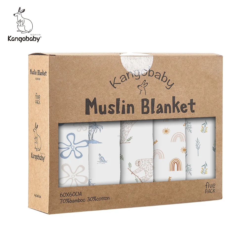 Kangobaby #My Soft Life# 5 Pieces Pack Multi-Functional Bamboo Cotton Muslin Blanket Baby Burp Cloth Set