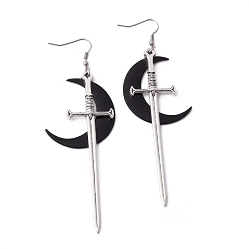 

Punk Vintage Sword Hoop Earrings for Women Jewelry Design Alloy Black Moon Shaped Earring Adornments Gift for Friend