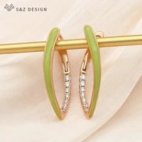 sz design new fashion champagne gold green enamel drop earrings for women girl wedding party cubic zirconia eardrop jewelry