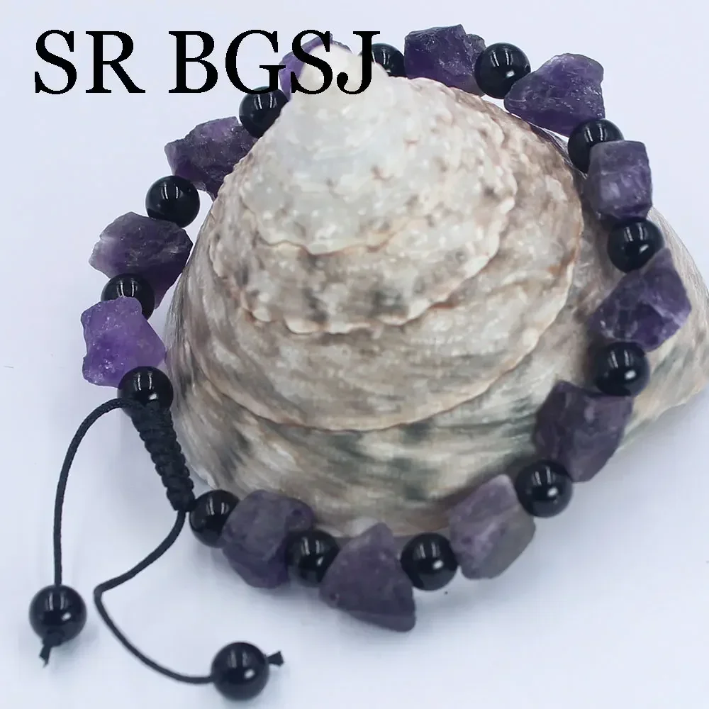 7-8 дюймов 10-11 мм вязаный натуральный необработанный аметист 6 черный обсидиан