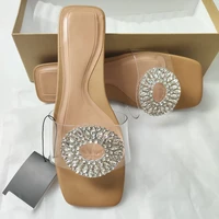 zarz woman 2022 shoes flat summer rhinestones transparent pvc square toe sexy outer wear muller sandals and slippers women plus