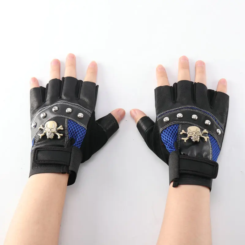 

PU Half Finger Leather Gloves Men's Mountaineering Riding Tactics Personality Skull Head Rivet Fitness Protective Gloves