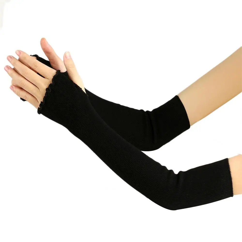

1PAIR Women Winter Elbow Length Fingerless Golves Arm Sleeve Warmer Pure Color Knitted Golves Girl Sunscreen Gloves