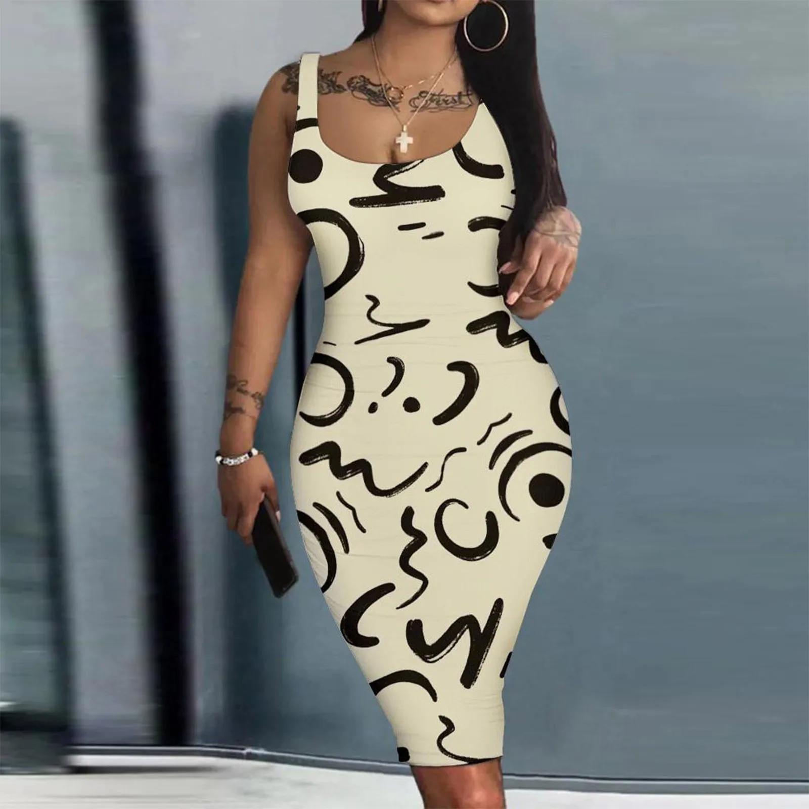 

Elegant Women's Bodycon Dress Sexy Scoop Neck Party Dress Open Back Midskirt High Waist Strap Summer Club Tank Dress Streetwear