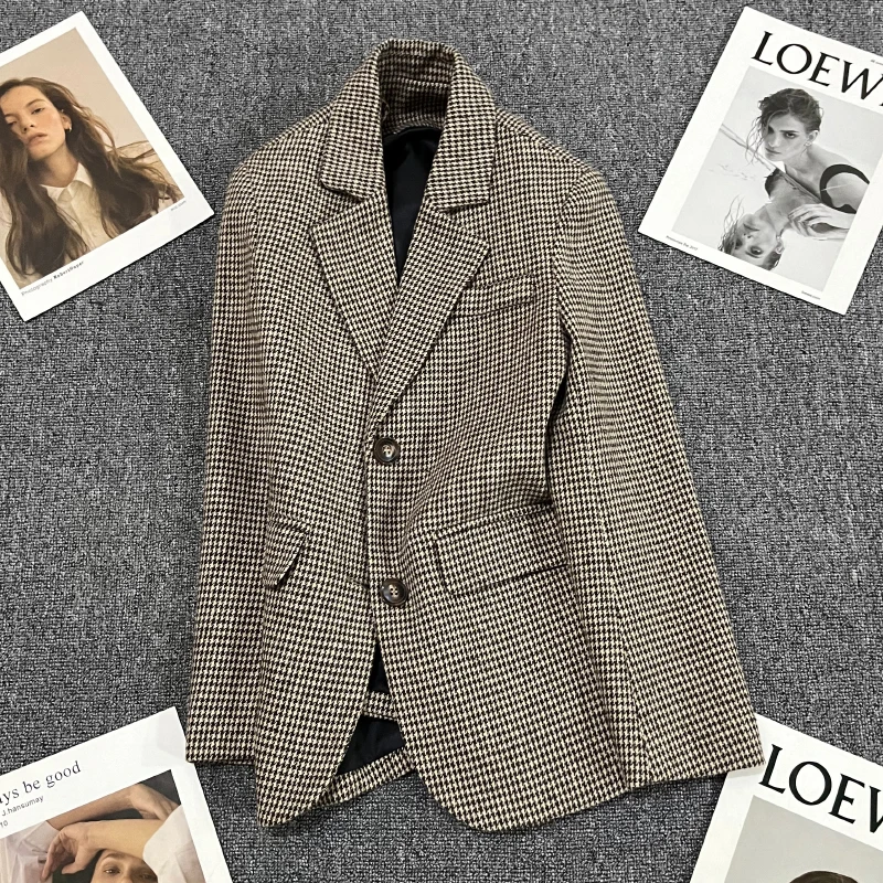 

Винтажный однобортный офисный женский шерстяной Блейзер в клетку с длинным рукавом свободное клетчатое пальто куртка Женский блейзер 2023