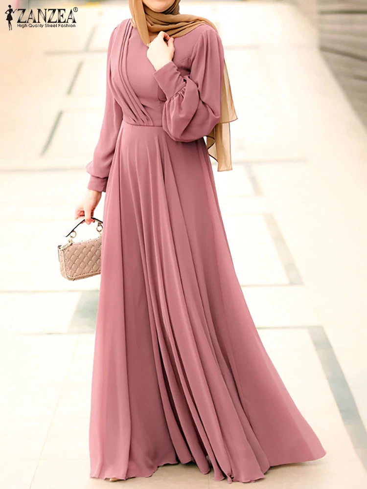 Платье ZANZEA женское с длинным рукавом, мусульманский Однотонный сарафан на молнии с круглым вырезом, элегантный повседневный кафтан, длинно...