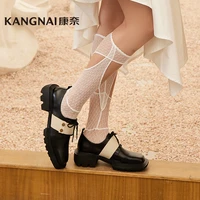 kangnai derby shoes women cow leather lace up belt decoration square toe flat platform retro female chunky heels