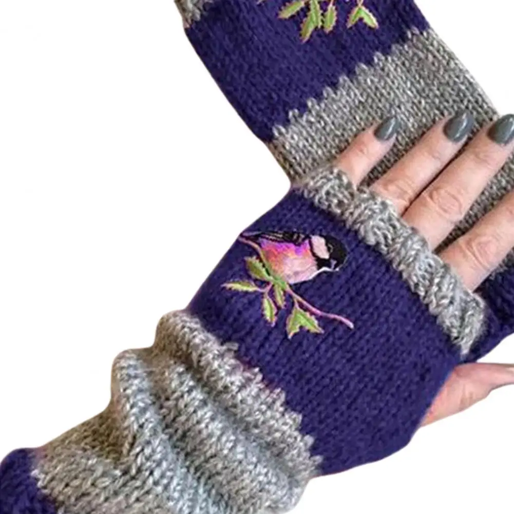 

Women Autumn Winter Bird Embroidered Gloves Knit Fingerless Color Block Mitten
