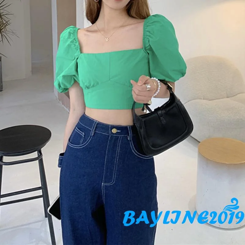 

BAY-Women Square Neck Crop Tops, Sexy Short Puff Sleeve Cross Tie Up Backless T-Shirts