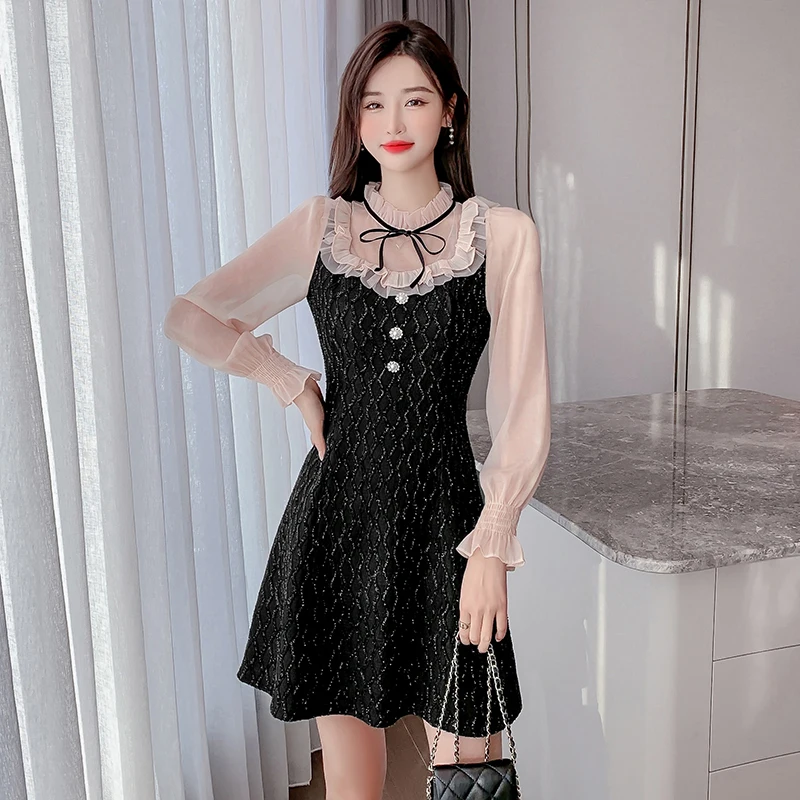 

Round Neck Ruffled Bow Mesh Stitching A-line Elegant Dress Women Casual Korean