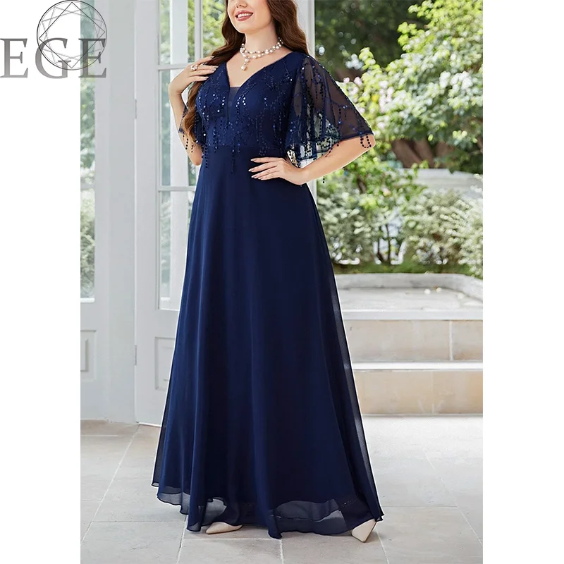 V Neck Royal Blue Sequins Shiny Plus Size Wedding Dress 5XL6XL Plus Size Women's Chiffon MAXI Party Banquet Short Sleeve Dresses