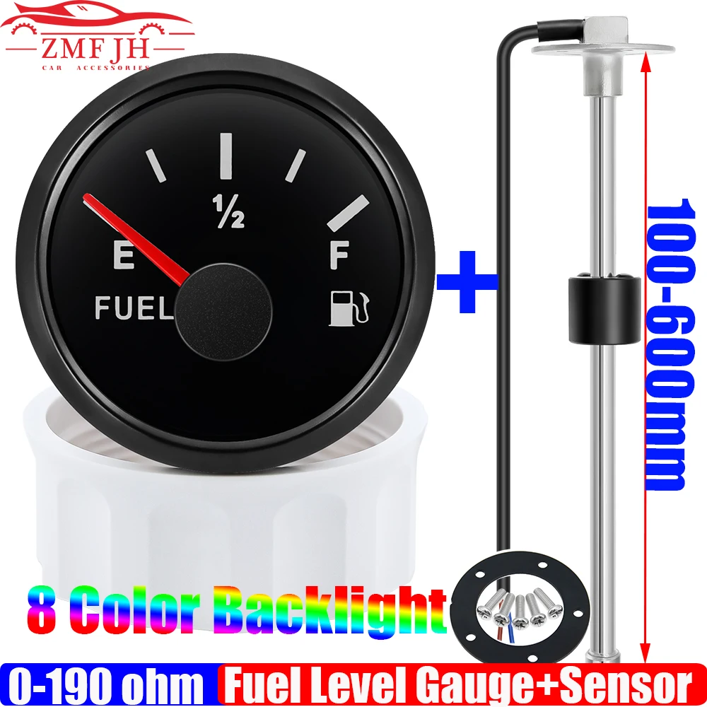 

0-190 Ohm Fuel Float Level Sensor+52MM Fuel Level Gauge 8 Color Light Waterproof Pointer Oil Tank Meter Car Boat Marine 12V 24V