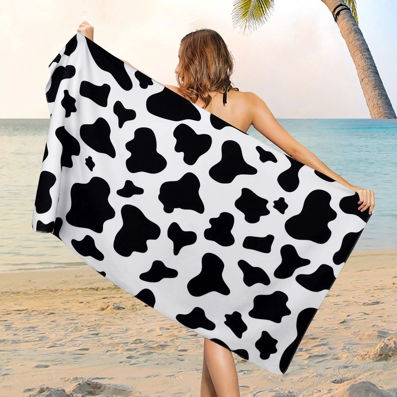 

Microfiber Cow Print Beach Towels Black White Cow Oversized Quick Dry Animal Cow Bath Towel Absorbent Bathroom Towel Men Women