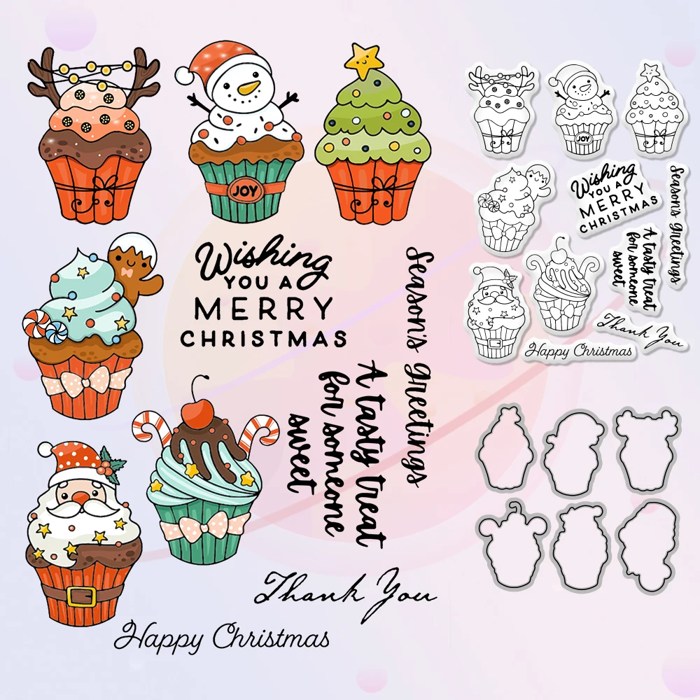 

Christmas Cupcakes Cutting Dies Clear Stamp Cute Santa Clause Xmas Tree DIY Scrapbooking Metal Dies Stamps For Paper Cards Decor