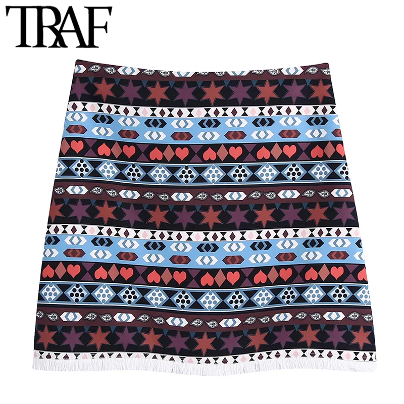 

TRAF Women Fashion With Tassel Totem Print Mini Skirt Vintage High Waist Back Zipper Female Skirts Mujer