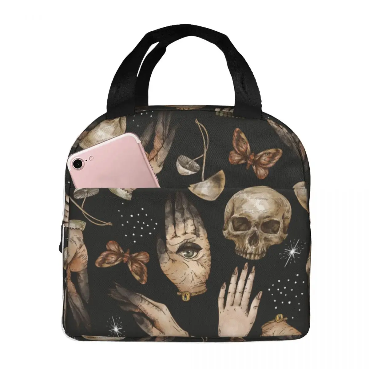 Magical Skull Witch Hands Moth Mushroom Lunch Bag Portable Insulated Oxford Cooler Thermal Picnic Lunch Box for Women Children