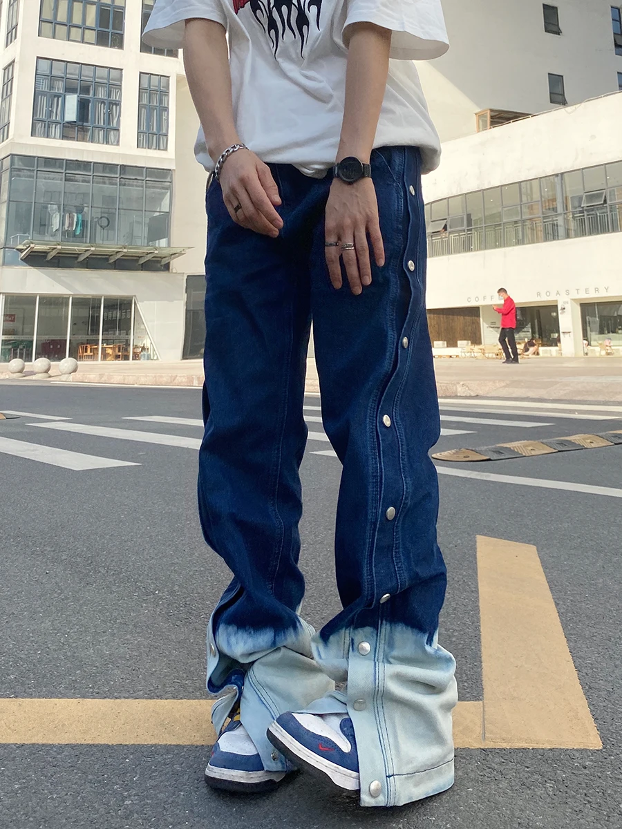 Four Seasons Men's Jeans Gradient Trend Loose Straight Casual Pants Split Trousers Fashion Street Men Ins Hot Sale Men Clothing