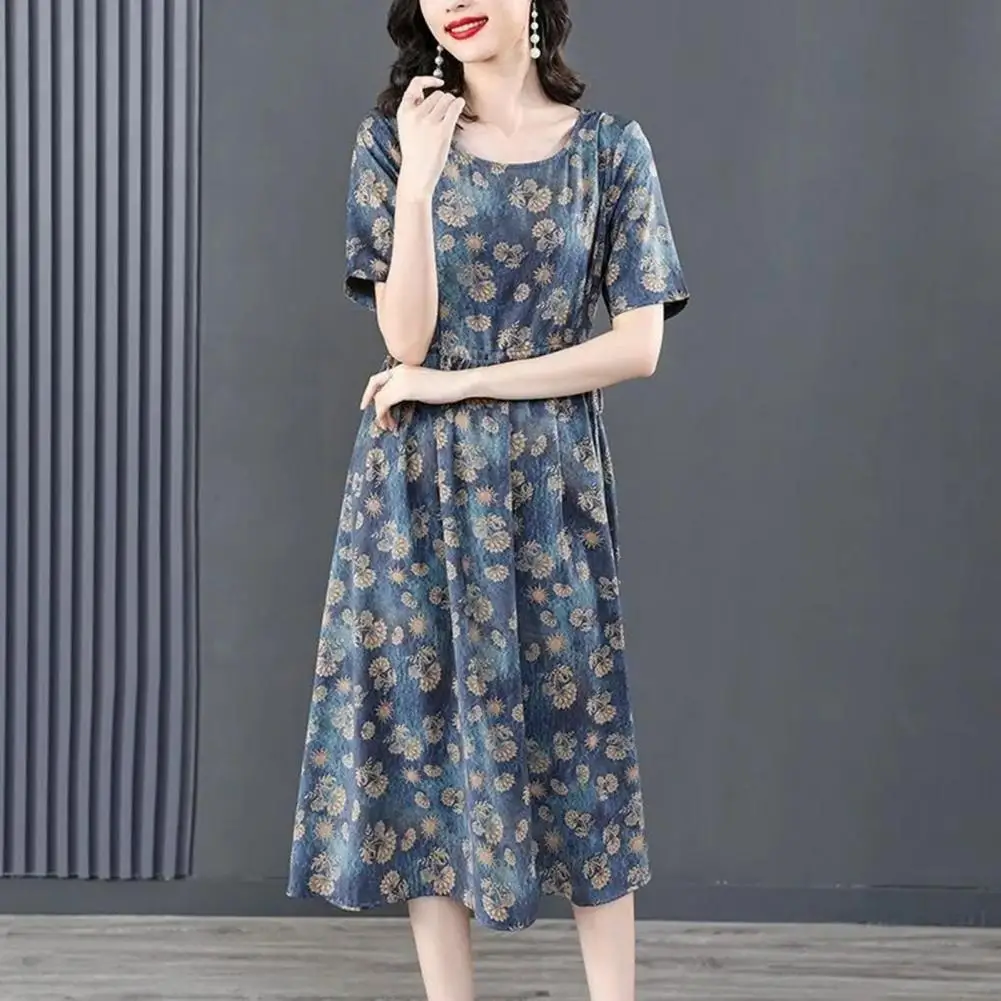 

Women Midi Dress High Tight Waist Short Sleeves Dating Dress Vintage O Neck Drawstring Pleated Mid-calf Length Dress