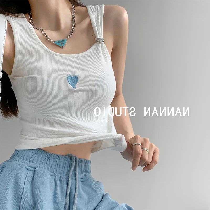 

Women Summer Vest Tank Pure Color Halter Crop Tops Casual Sweet Heart Embroidered Short Slim Sleeveless White Top Fashion Girls