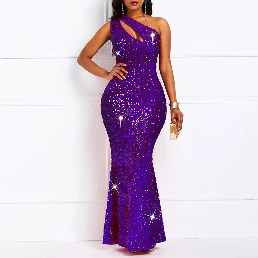 

Sequins Oblique Collar Sleeveless Floor-Length Women's Dress Luxury Purple Sequin Dress Women Long Dresses Party Night Sexy