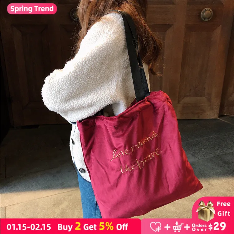 

Retro Velvet Shoulder Bags for Women Luxury Embroidery Letter Ladies Shopping Bag Female Casual Tote Purses Large Handbags
