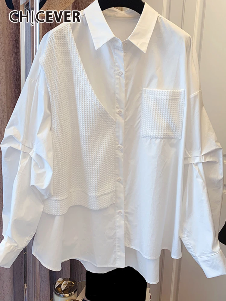 

CHICEVER Korean Patchwork Solid Blouse For Women Laple Long Sleeve Spliced Pocket Sheer Casual Loose Shirt Female Fashion New