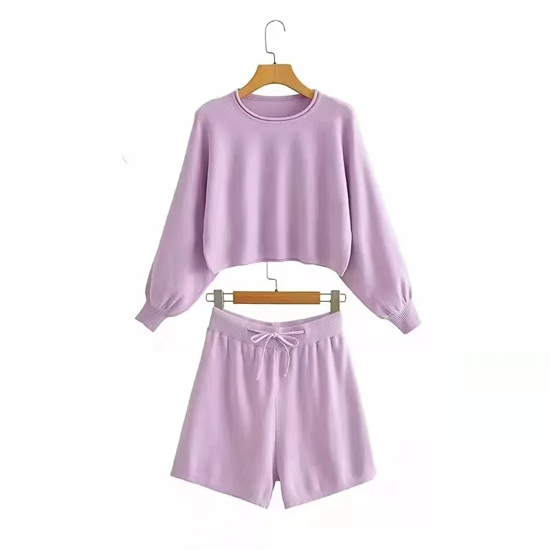 

New Summer Autumn Candy Color 2 piece sets womens outfits Long Sleeve Pullover Sweater Crop Top + Wide Leg Shorts Tracksuit