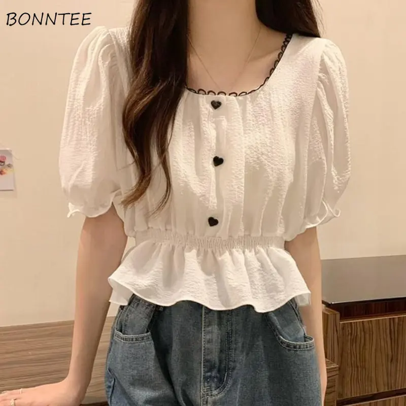 

Crop Blouses Women Hotsweet Puff Sleeve Clothes Temper Aesthetics Preppy Kawaii Slim Designer Korean Fashion Chemise Femme Chic