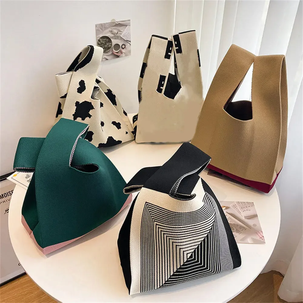 

Plaid Bag Casual Reusable Handmade Wrist-bag Knit Handbag Bag Tote Color Mini Female Wide Knot Shopping Women Student Stripe
