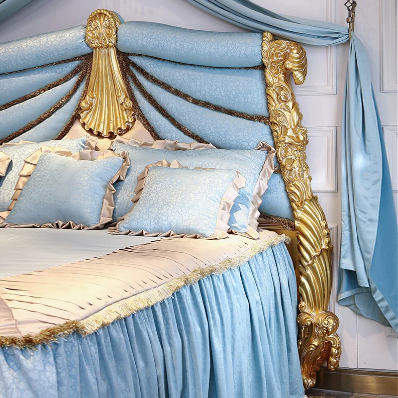 Baroque classical palace villa handmade solid wood carved King Bed French gold foil double bed |
