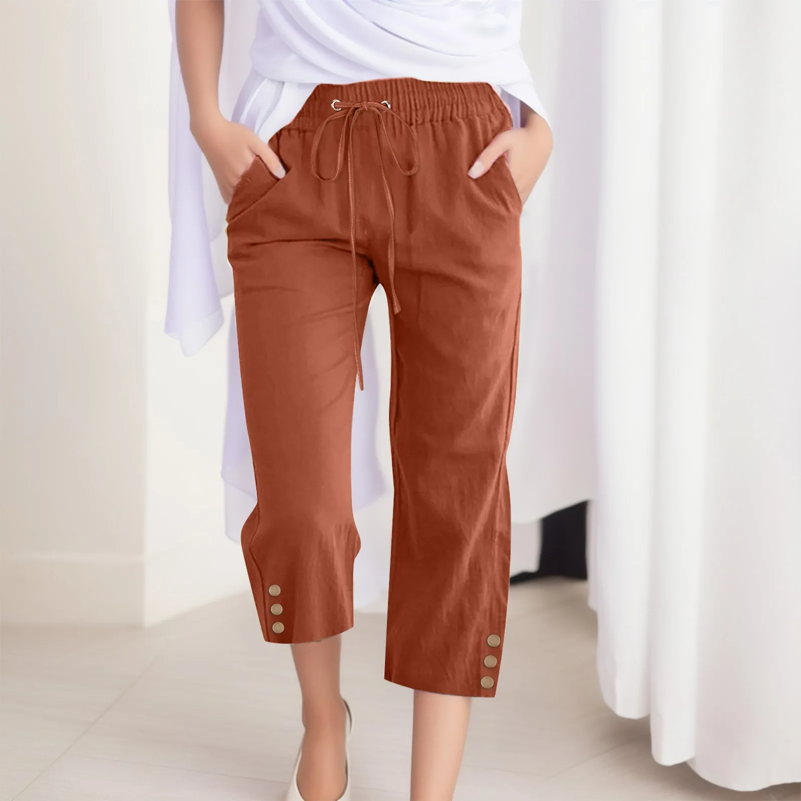

Solid Color Sweatpants For Women Drawstring Casual Pants With Pockets Lightweight High Waisted Cropped Loose Trousers Summer
