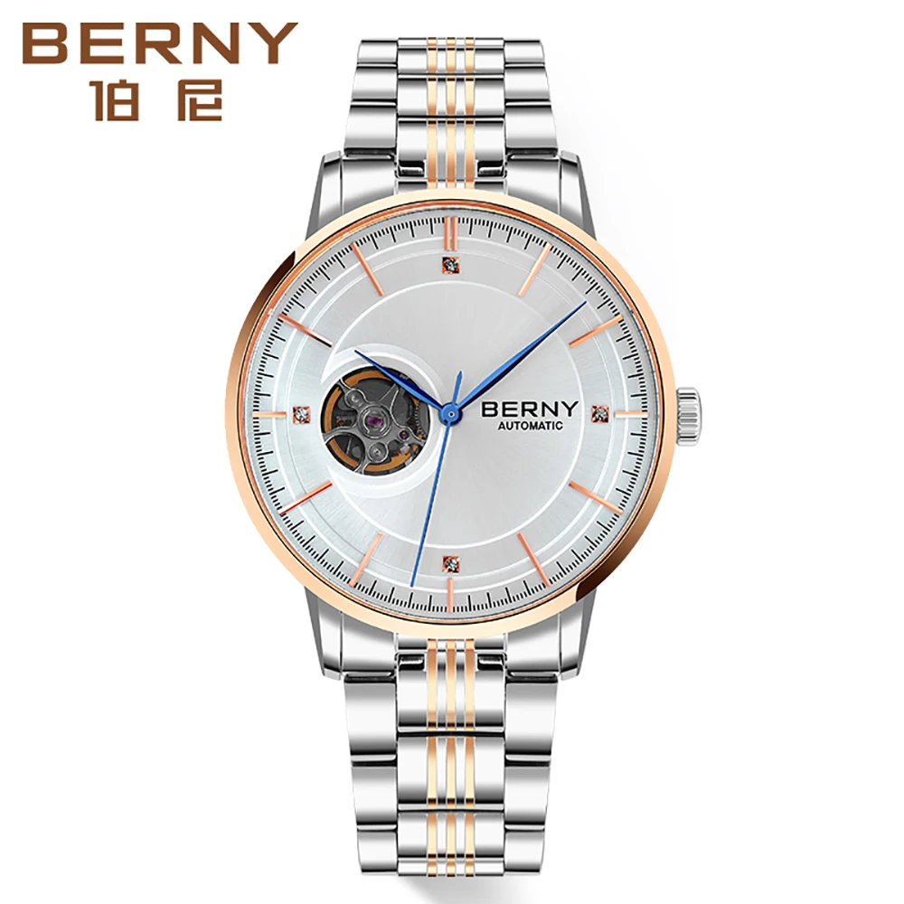 

BERNY Automatic Watch for Men Skeleton Luxury Mechanical Wristwatch Sapphire SEIKO NH38 Movt Dress Clock Exhibition Back Cover