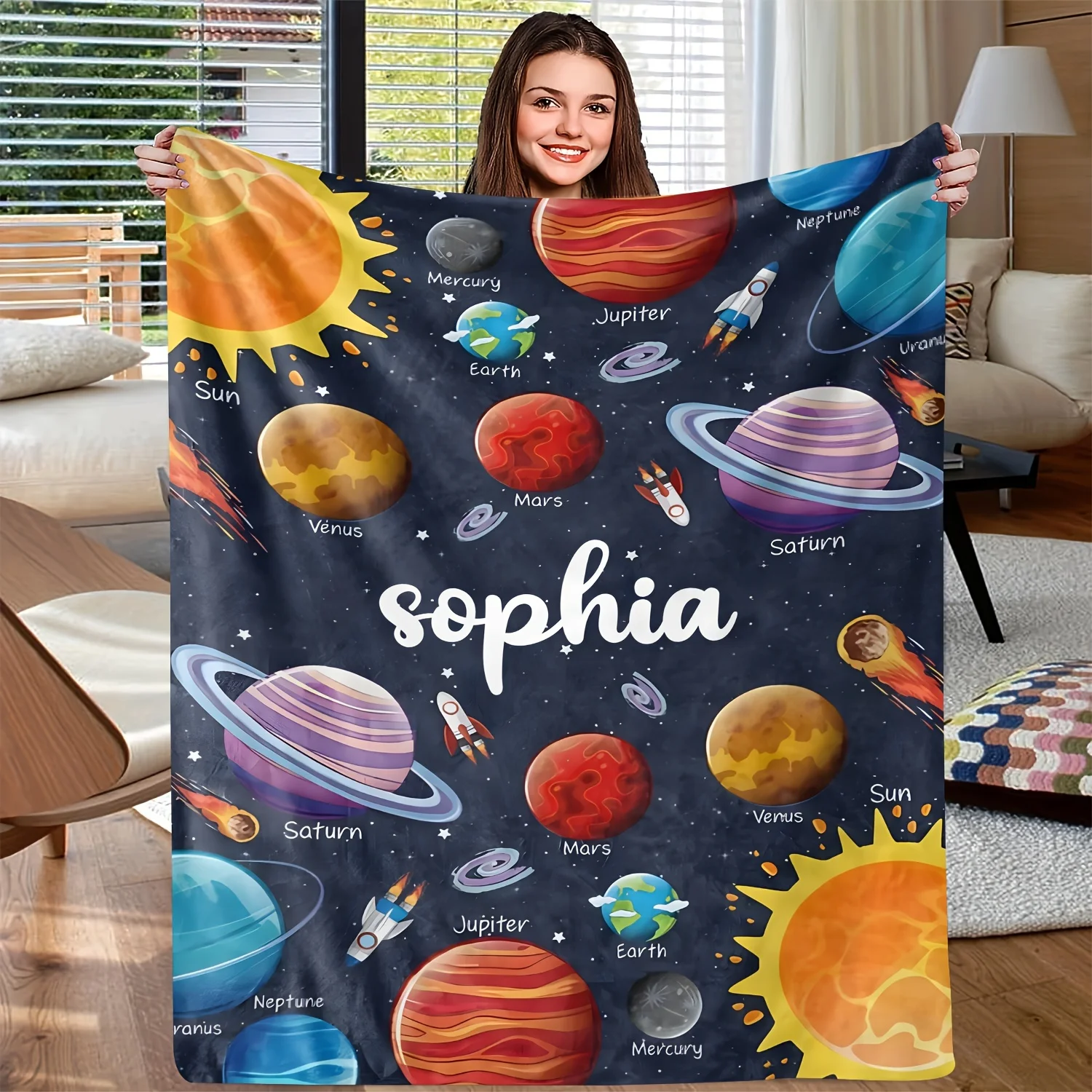Personalized Custom Name Space Planets Throw Blanket - Soft 100% Polyester Flannel Fleece with Digital Print All Seasons Lodge