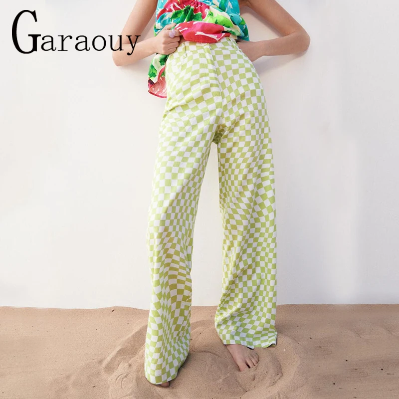 

Garaouy 2022 Summer Vintage Green Lattice Print Trousers Women Linen Pants Female High Waist Wide Leg Pants Casual Streetwear