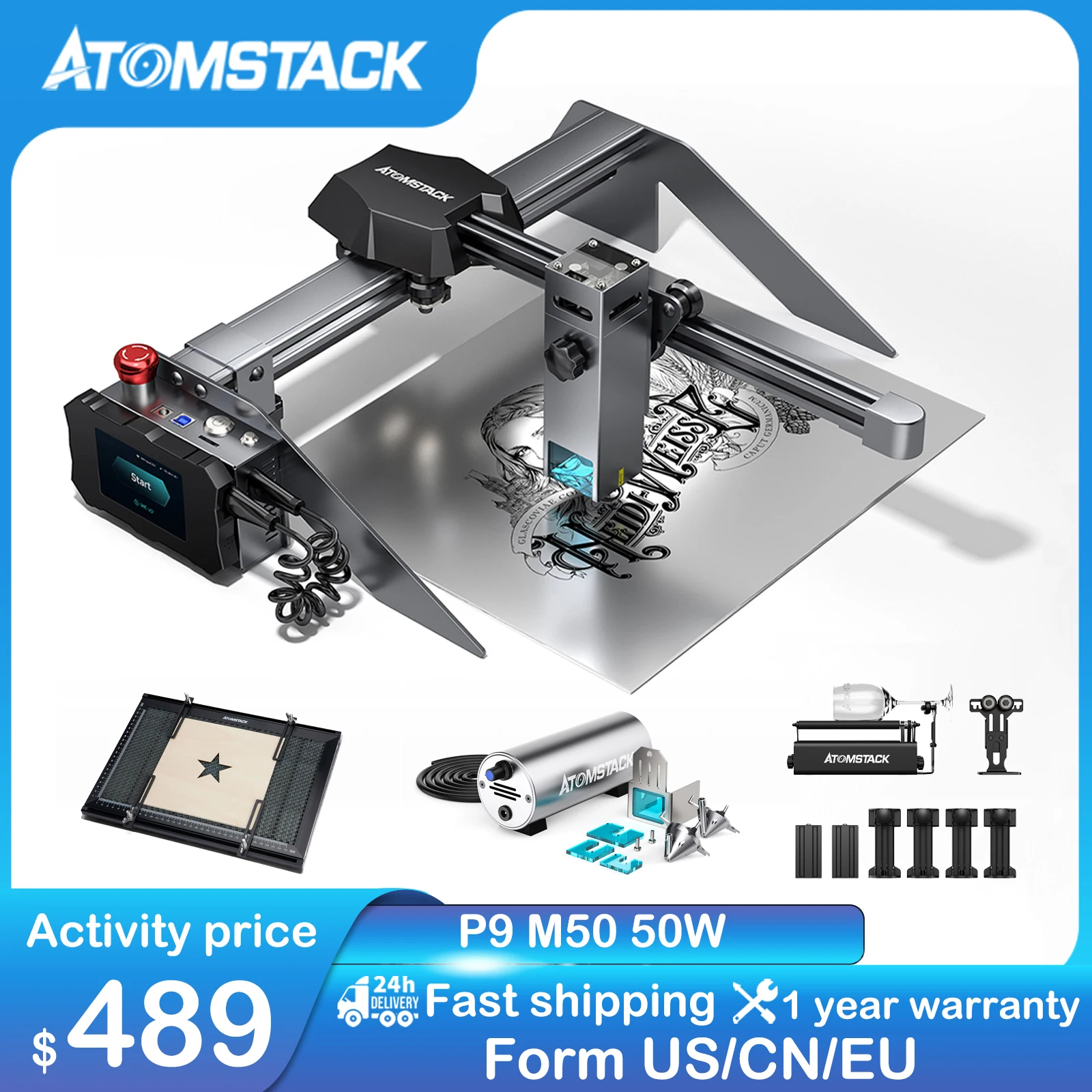 

ATOMSTACK P9 M50 Laser Engraver with 3.5 Inch Touch Screen 32-Bit Chipset Portable Laser Engraver 50W Desktop CNC Laser Cutting