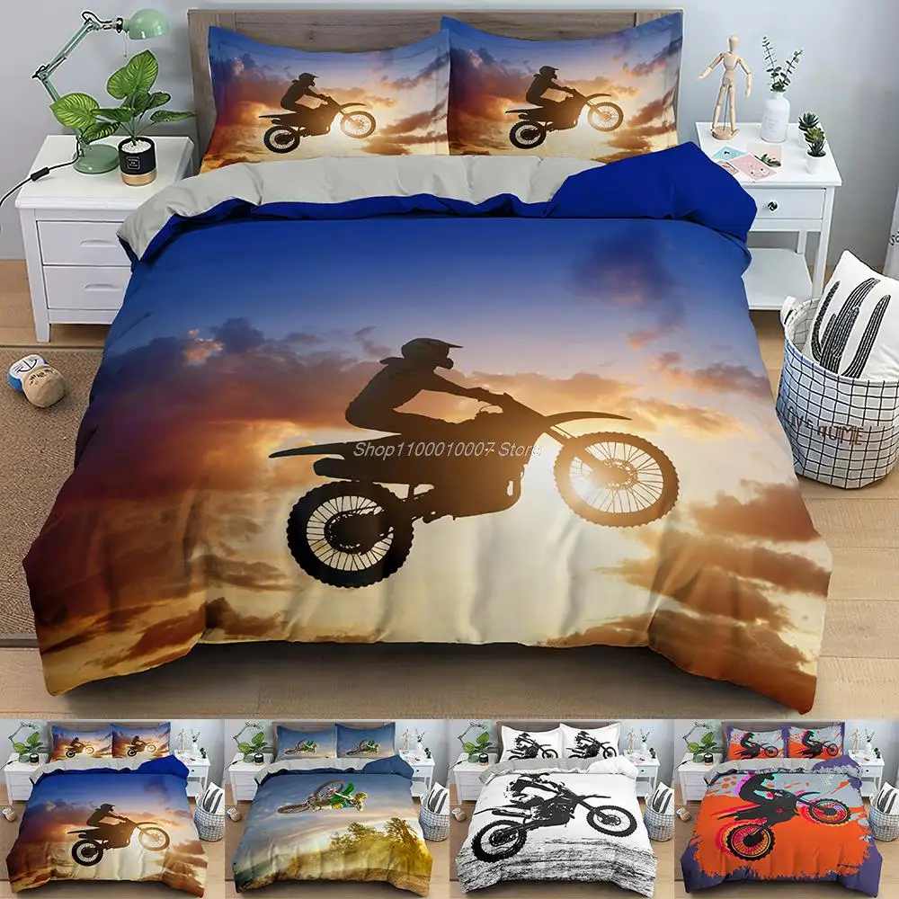 

3D Printed Dirt Bike Duvet Cover Motocross Rider Comforter Cover Motorcycle Extreme Sport Game Bedding Set for Kids Boys Teens