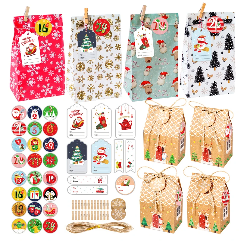 

24Sets Christmas Advent Calendar Kraft Paper Bags and Box Assorted Kit Santa Claus Snowman Xmas Gift Wrapping Supplies