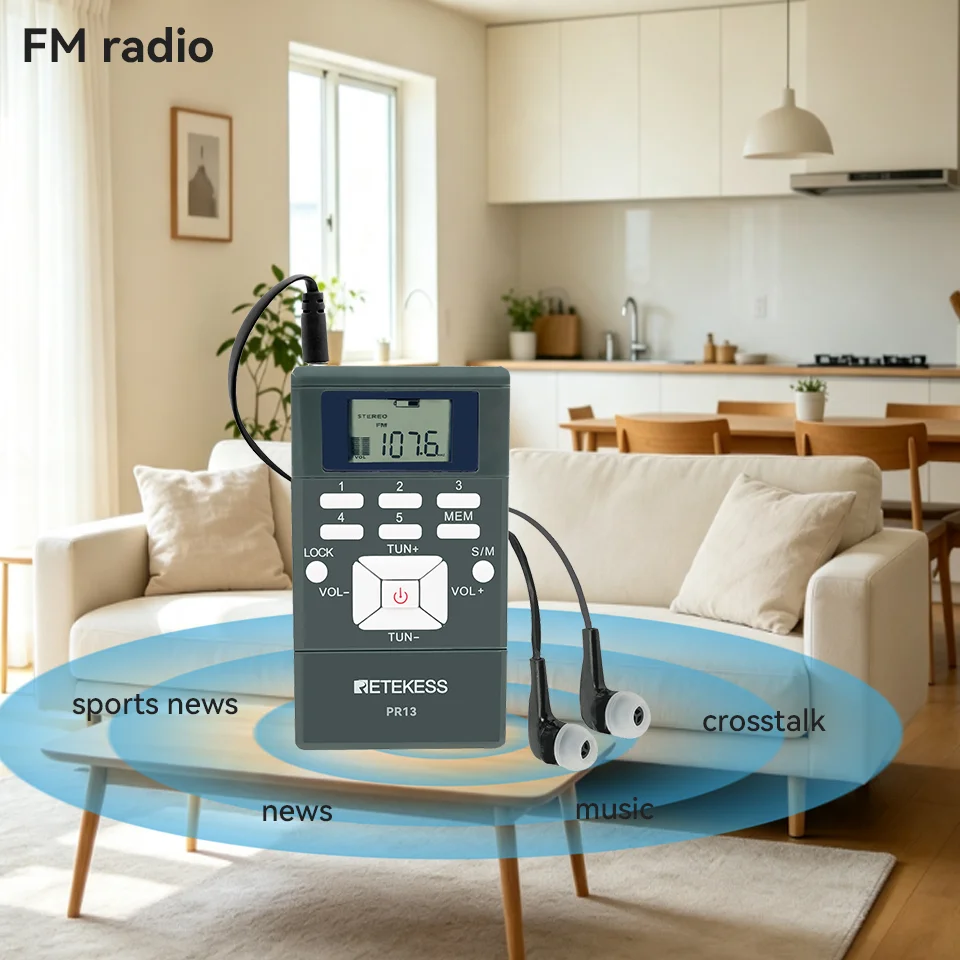 Фото Портативное цифровое стерео-радио Retekess с FM-тюнером, наушниками, цифровыми часами и блокировкой для бега, стрижки газона, в подарок. №5