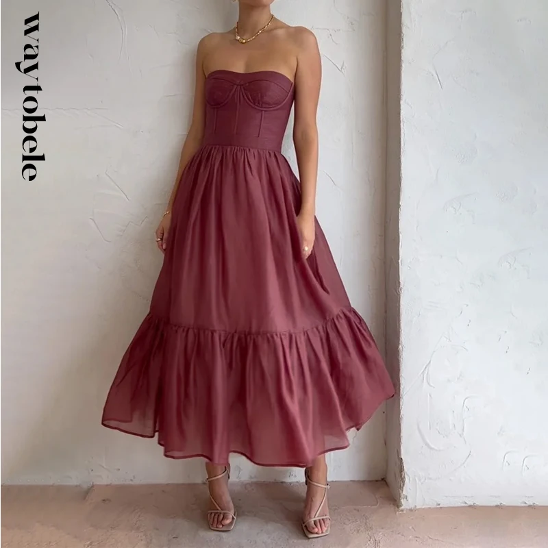

Waytobele Women Maxi Dress Stylish Sleeveless Strapless Solid Nipped Waist Backless Wedding Evening Party Dresses Streetwear