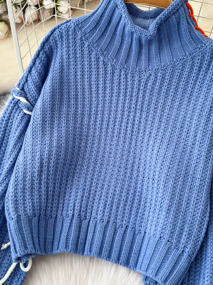 2024 женский осенне-зимний синий свитер шикарный стиль свободный вязаный
