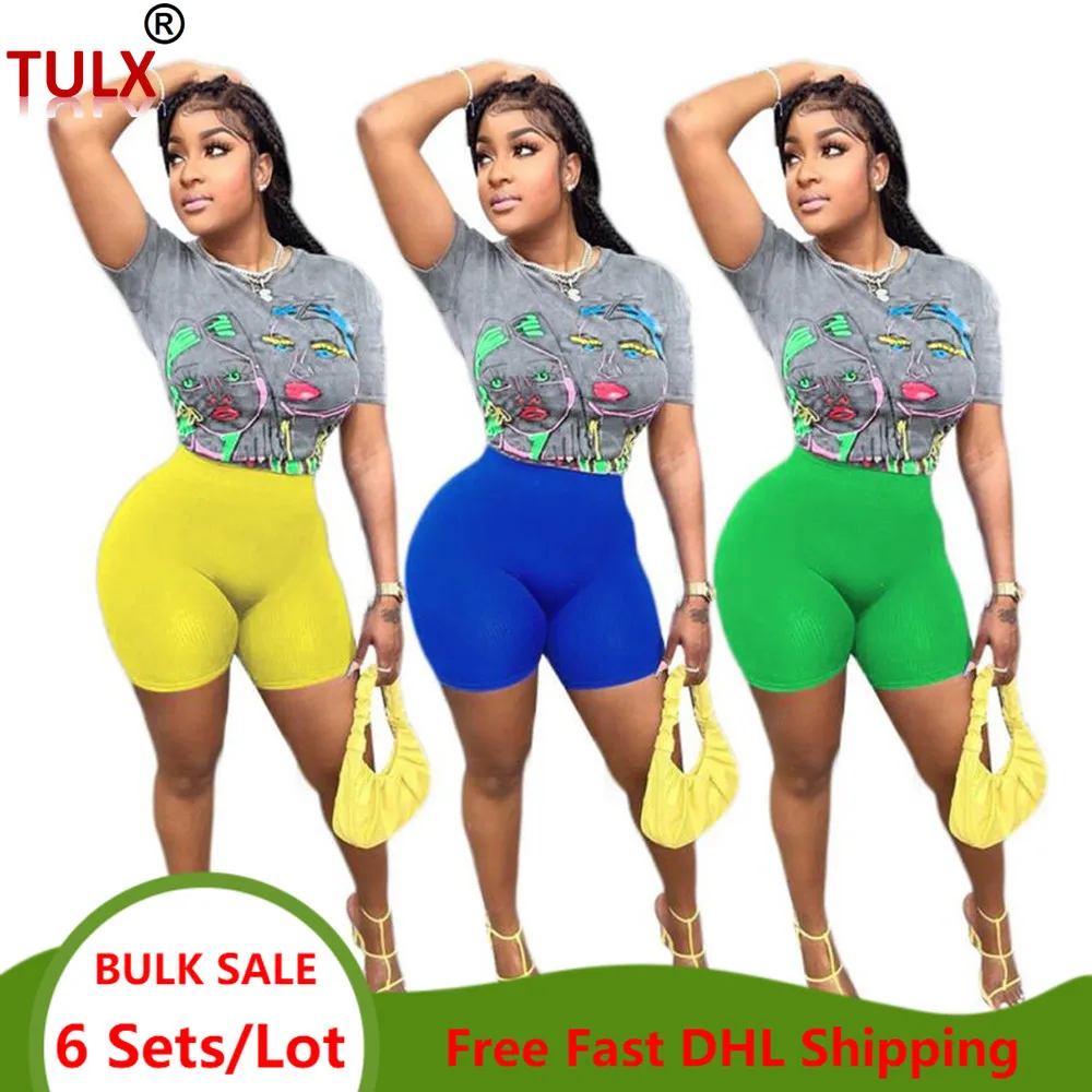 

Wholesale Items Bulk Lots 2 Piece Summer Set Women Portrait Print T Shirt+ Knitting Shorts Skinny Matching Outfits Clothes 7847