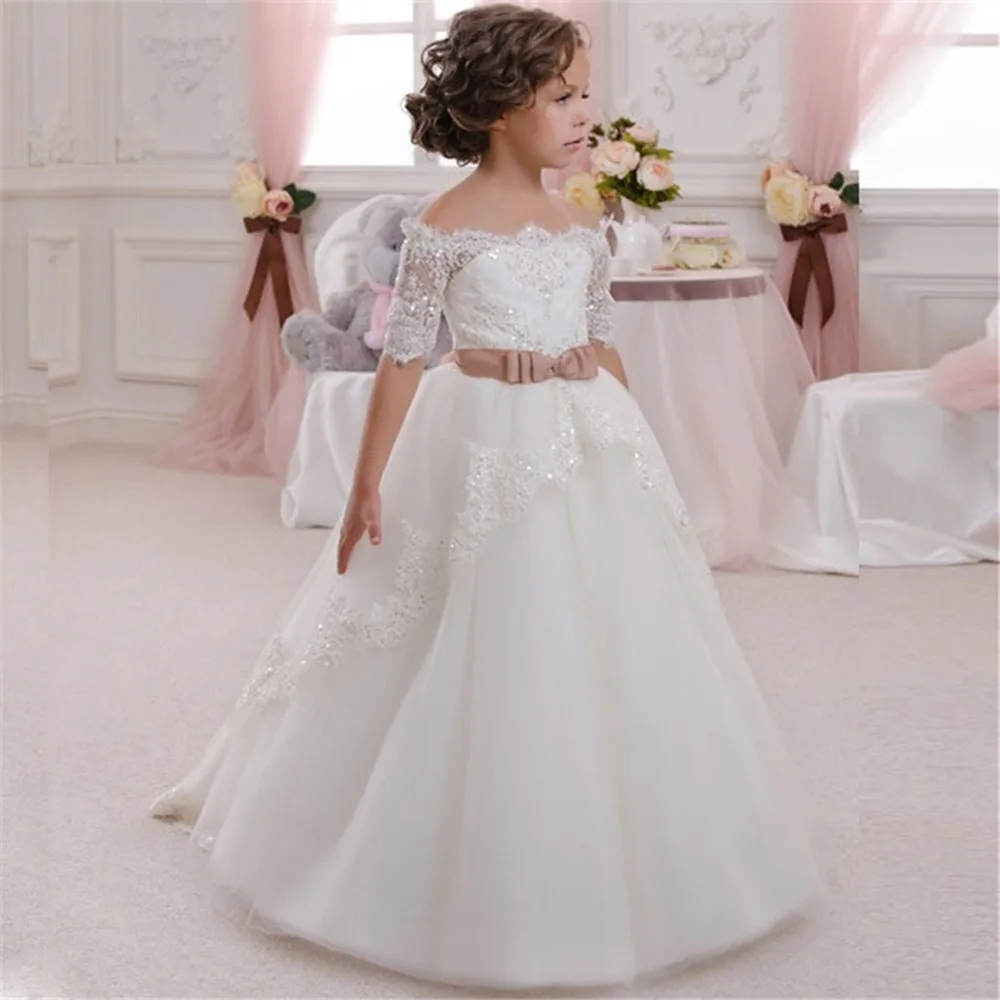 

Fower Girl Dresses Appliques Sequins Half Sleeves Boat Neck Princess Dress For Wedding First Communion Dress Pageant Gowns