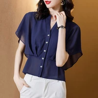 2022 spring summer new v neck solid button chiffon shirt korean casual bat sleeve female blouses temperament elegant tops