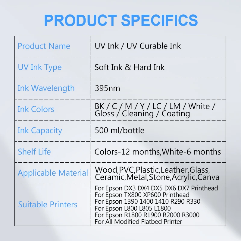 500ML LED UV Ink For DX4 DX5 DX6 DX7 DX10 TX800 XP600 Printhead Epson 1390 L800 L1800 L805 R1800 R1900 Modified Printer - купить по