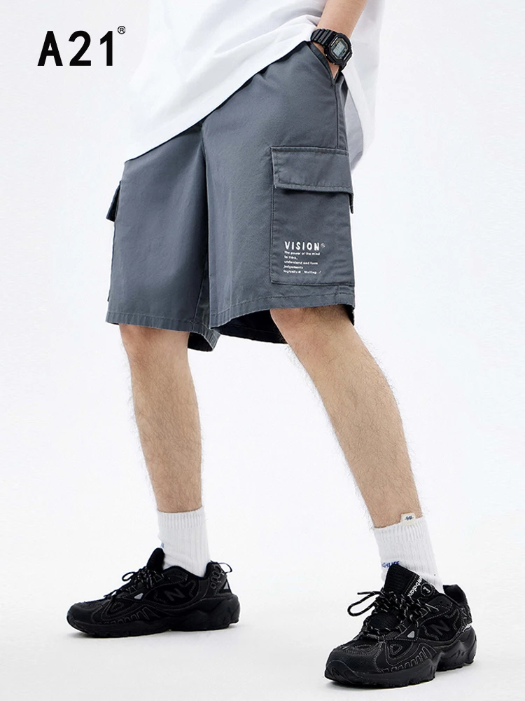 A21 Men Fashion Baggy Cargo Shorts Summer 2022 New Casual Letter Printed Drawstring Shorts Male Loose 100% Cotton Straight Pants