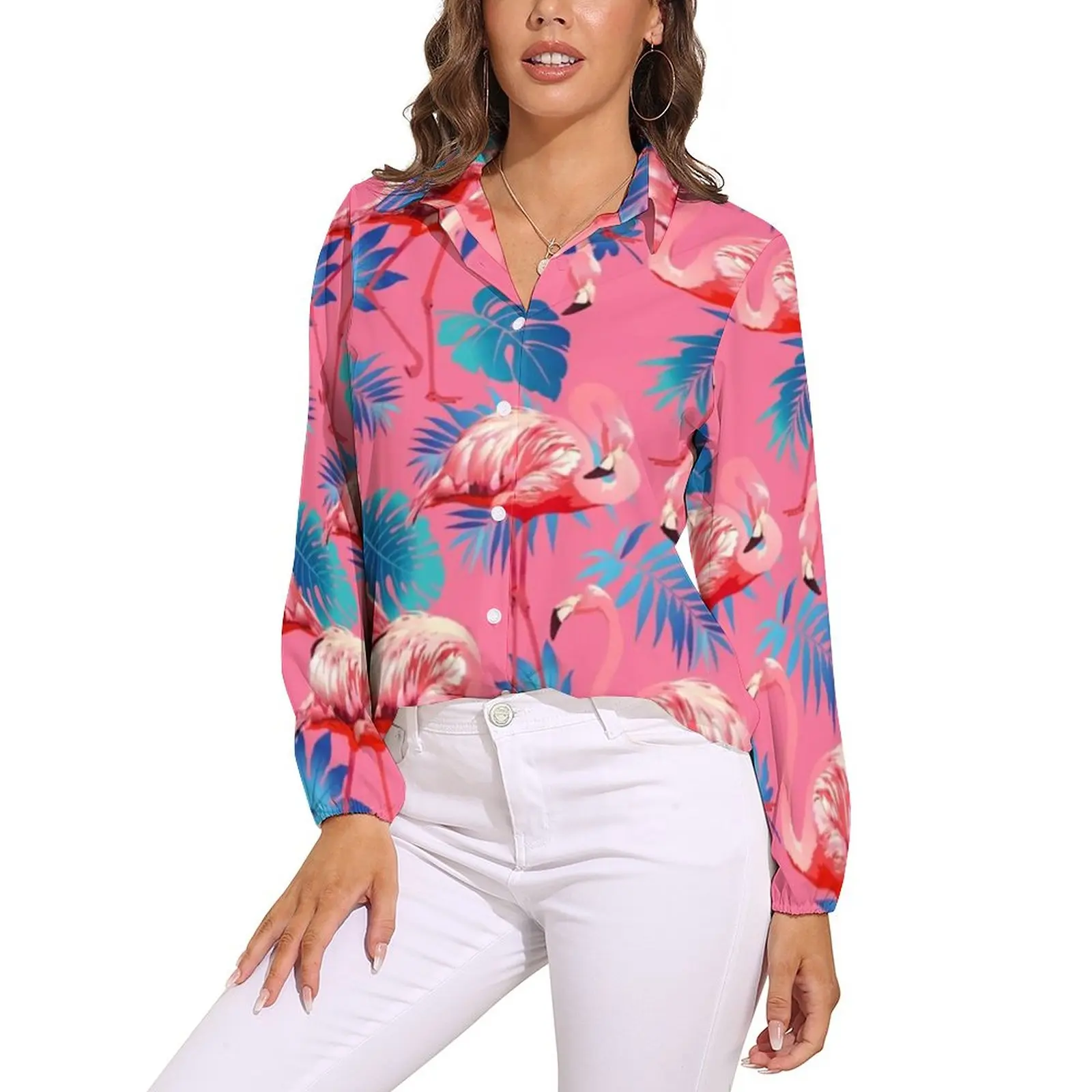

Flamingo Blouse Palm Long Sleeve Sexy Large Size Girls Shirt Autumn Top Shirts